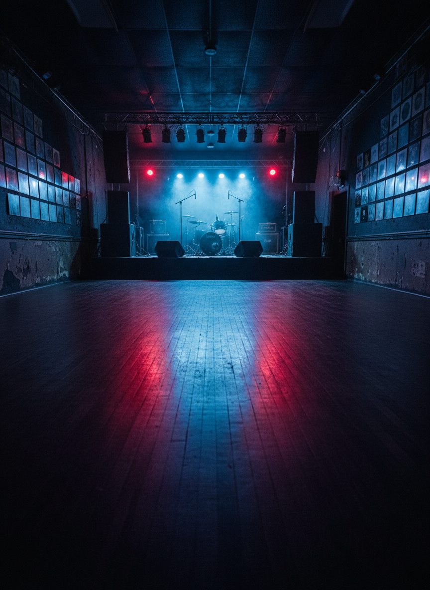 A wide, photographic view of an empty rock club interior just before doors open: a low stage with monitors and mic stands, towering speaker stacks, and a drum kit silhouetted against a faint haze of machine smoke. The sticky, dark wooden floor reflects streaks of colored light from overhead fixtures set to deep reds and electric blues. Scuffed walls are lined with anonymous framed shapes suggesting album covers, all carefully blurred and without readable text. Shot from the back of the room at eye level with sharp focus throughout, the composition leads the eye along the center aisle toward the stage. The atmosphere feels charged, expectant, and unapologetically bold, as if the room itself remembers every legendary punk and indie show played here.