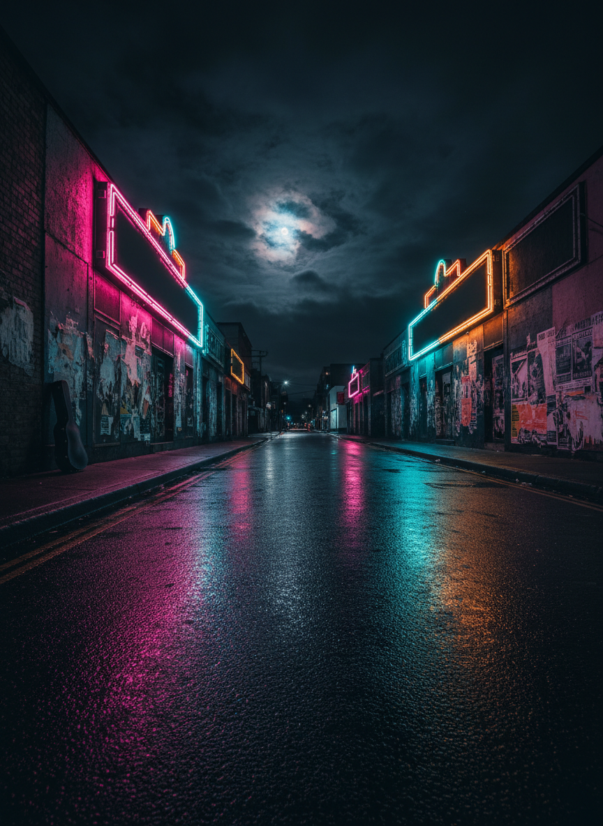 A nocturnal, photographic cityscape featuring a legendary rock music street: a row of compact, neon-framed venue facades with anonymous, unlit marquees and poster-covered walls reduced to torn, colorful shapes without readable text. The wet pavement gleams as if after rain, reflecting streaks of magenta, cyan, and amber from neon signs and traffic lights. A lone guitar case silhouette rests upright against a brick wall, its latches slightly tarnished. Captured from a low, wide-angle street-level perspective, the composition emphasizes depth as the venues recede into the distance under a moody, cloudy sky. The lighting is dramatic and cinematic, with pockets of shadow between pools of neon glow. The atmosphere is bold, gritty, and slightly melancholic, evoking late-night rock pilgrimages and stories of unforgettable gigs.
