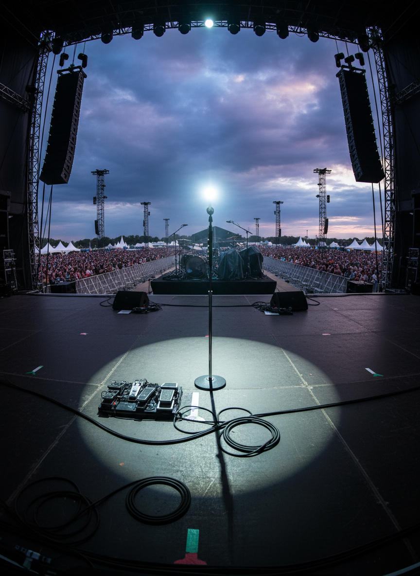 A dramatic, photographic realism image of a solitary microphone stand at the center of an otherwise empty festival stage, flanked by towering line arrays and distant drum risers. The stage floor is a matte black surface scattered with nondescript pedalboards and coiled cables, all without text or identifiable logos. Beyond the edge of the stage, a vast sea of empty crowd barriers and lighting towers stretches into the horizon under a cloudy dusk sky. The scene is lit by intense, cool-toned spotlights from above and behind, creating a glowing rim of light around the microphone stand and casting long, converging shadows toward the viewer. Captured from a low-angle, wide-lens perspective, the composition feels epic and anticipatory, embodying the bold energy of rock concerts moments before the band storms on.