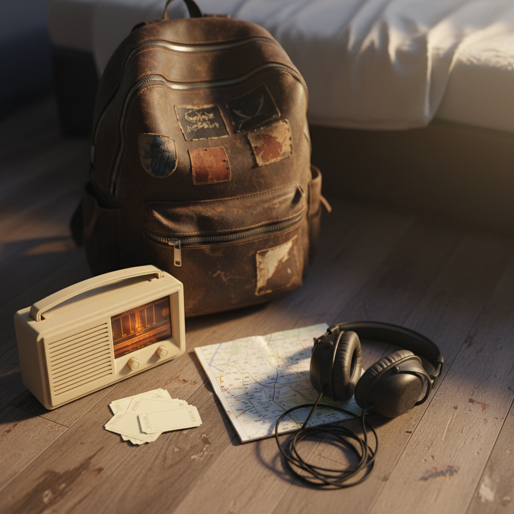 An intimate, photographic close-up of a well-traveled rock fan’s collection corner: a battered leather backpack slumped against a vintage tube radio and a small stack of anonymous gig ticket stubs suggested by blank, slightly yellowed rectangles. A compact map with creased folds lies partially open, its markings blurred and illegible, next to a pair of noise-canceling headphones with worn ear pads and a coiled cable. The scene is set on a scarred wooden floor beside a bed, with soft golden hour light filtering through unseen curtains, casting long, gentle shadows and highlighting textures in leather, paper, and metal zippers. Shot from a top-down, slightly angled perspective with moderate depth of field, the composition feels personal and story-driven. The mood is reflective yet adventurous, hinting at road trips following rock tours and discovering hidden music landmarks.