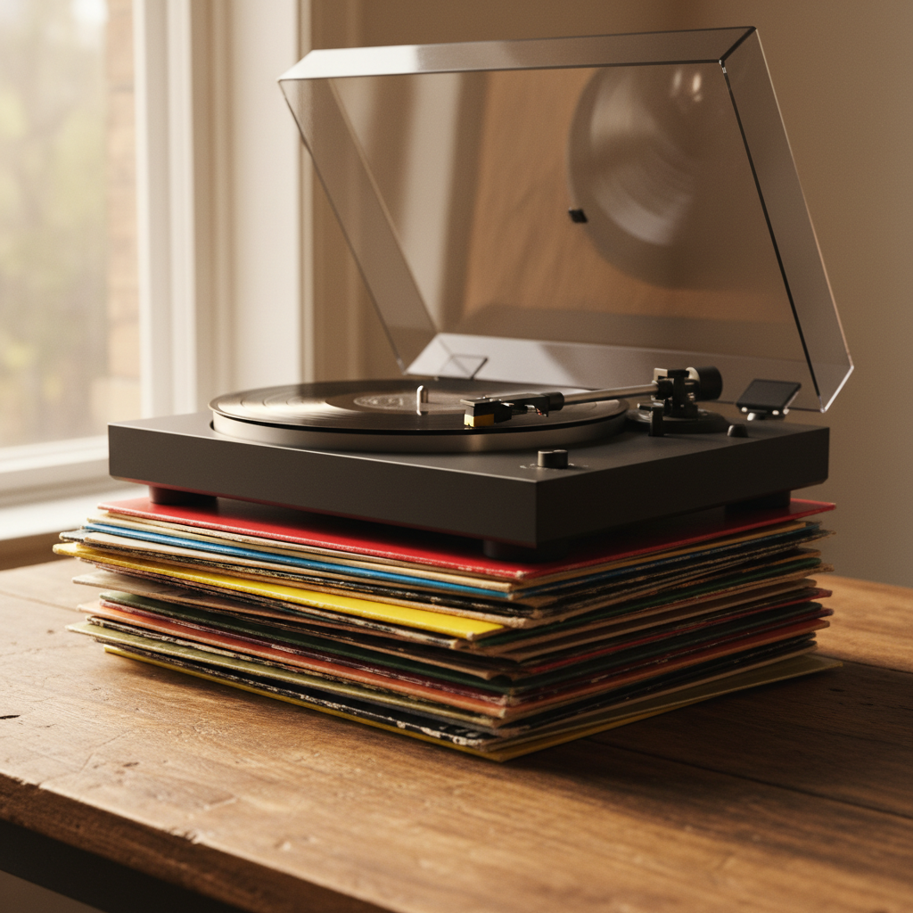 A stack of classic rock, punk, and indie vinyl records arranged on a rough wooden table, their sleeves turned so no titles or faces are visible, only blocks of bold, abstract color and worn edges. On top sits a matte-black turntable with a transparent dust cover half-open and the tonearm hovering just above a spinning record, its grooves catching the light. The scene is lit by warm, late-afternoon window light from the side, creating soft highlights on the vinyl and gentle shadows that emphasize texture. Photographic realism, shot from a slightly elevated angle using a shallow depth of field so the front record and stylus are razor sharp while the background records blur into a creamy bokeh. The mood is nostalgic yet energetic, celebrating the ritual of discovering albums that changed rock history.